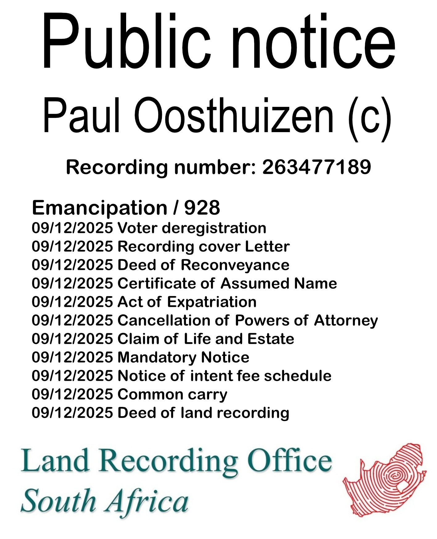 Public notice Paul Oosthuizen Recording number 263477189